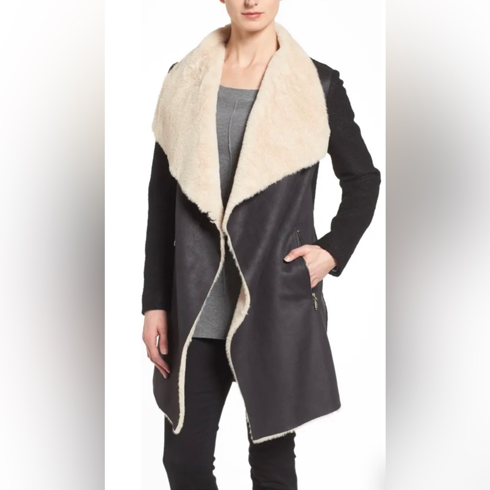 NWT 🎁 Calvin Klein Womens Sz L Faux Shearling Black Mixed Media Coat Large